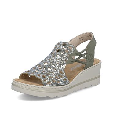 Rieker Perforated Slingback Wedge Sandal - Green Sparkle